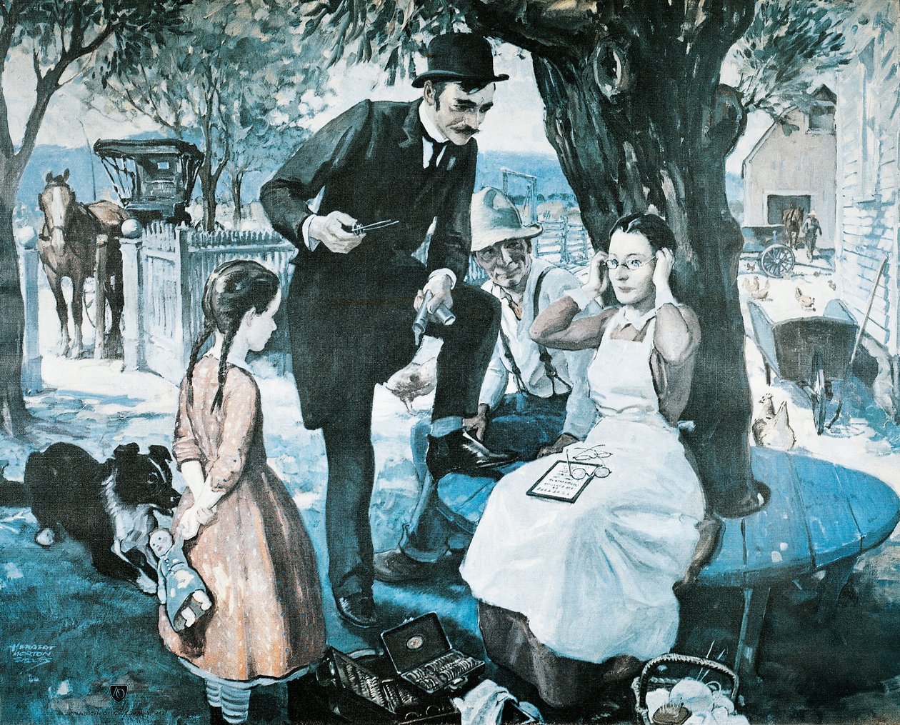 De brillenverkoper in de late 1800s, reclame voor de American Optical Company door Herbert Morton Stoops