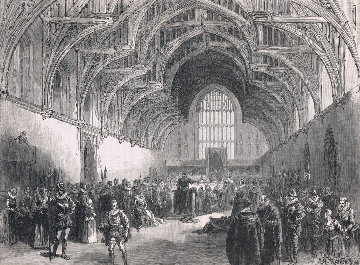 Staatsproces in Westminster Hall in de tijd van Elizabeth I door Herbert Railton