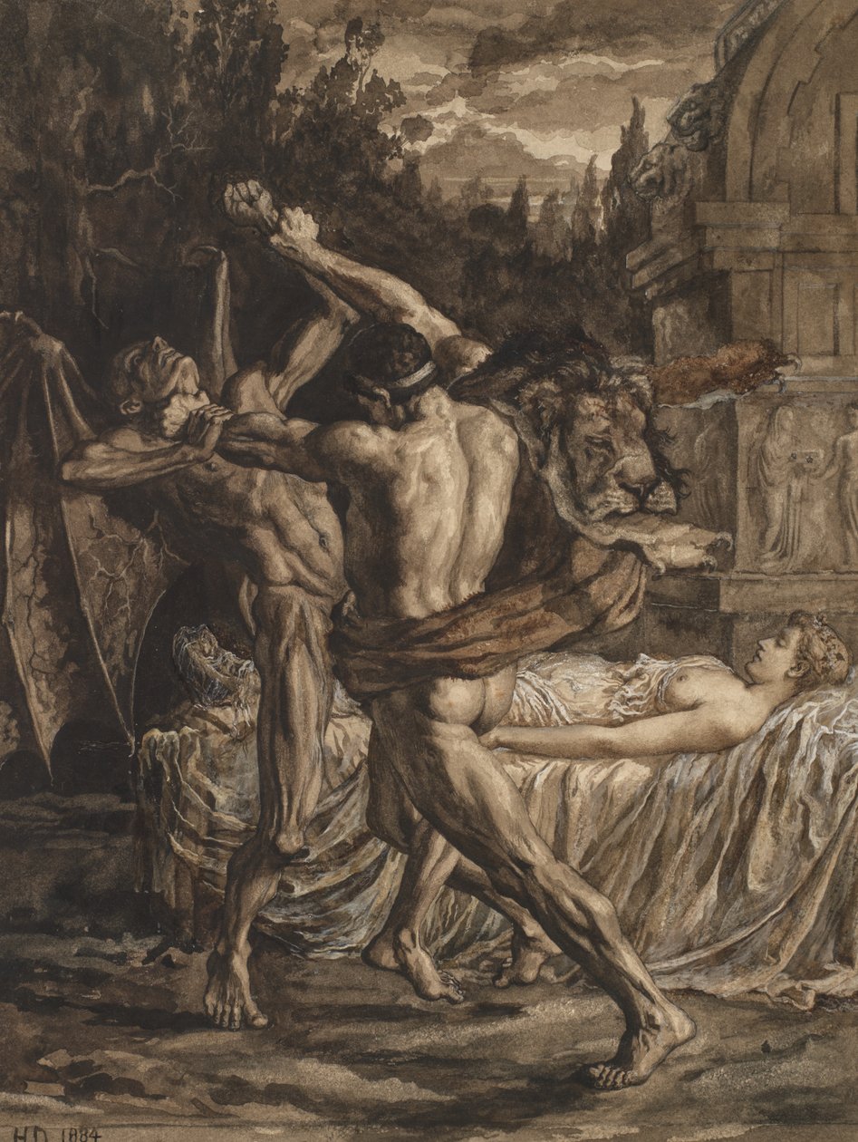 Hercules worstelt met de Dood om de ziel van Alcestis door Herbert Thomas Dicksee