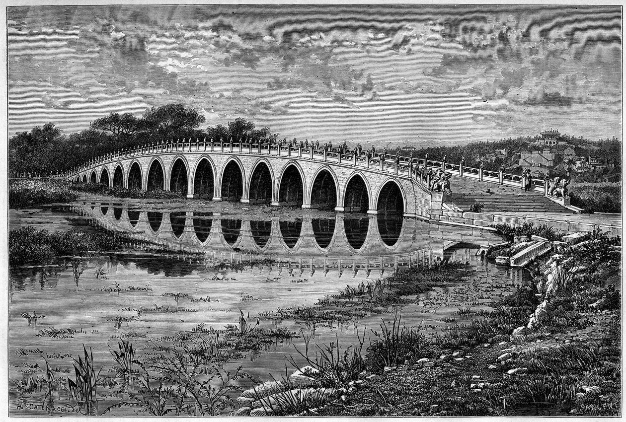 Brug met 17 bogen op het Kunmingmeer bij het Ete-paleis nabij Peking in de 19e eeuw. Gravure naar een tekening van Catenacci, naar een foto van Thomson, in "Le Tour du Monde, Nouveau journal des Voyages", uitgegeven door Edouard Charton, Parijs door Hercule (after) Catenacci