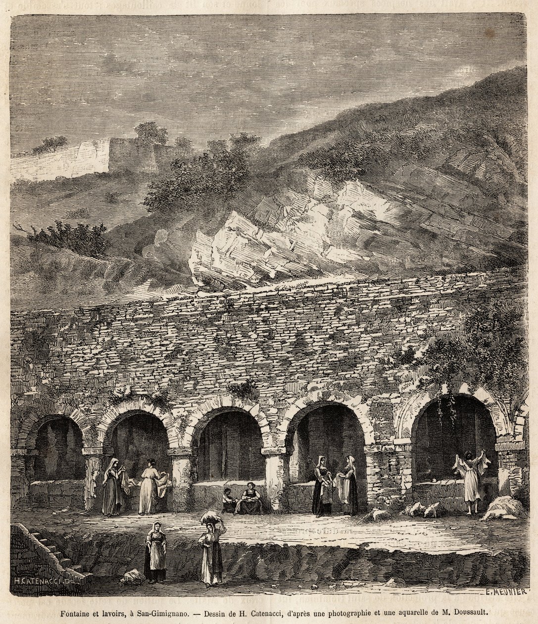 Vrouwen bij de fontein en wasfaciliteiten van San Gimignano (Toscane, Italië). Gravure naar de tekening van H.Catenacci, ter illustratie van de reis naar Toscane en Umbrië, door Francis Wey, in 1875, gepubliceerd in 