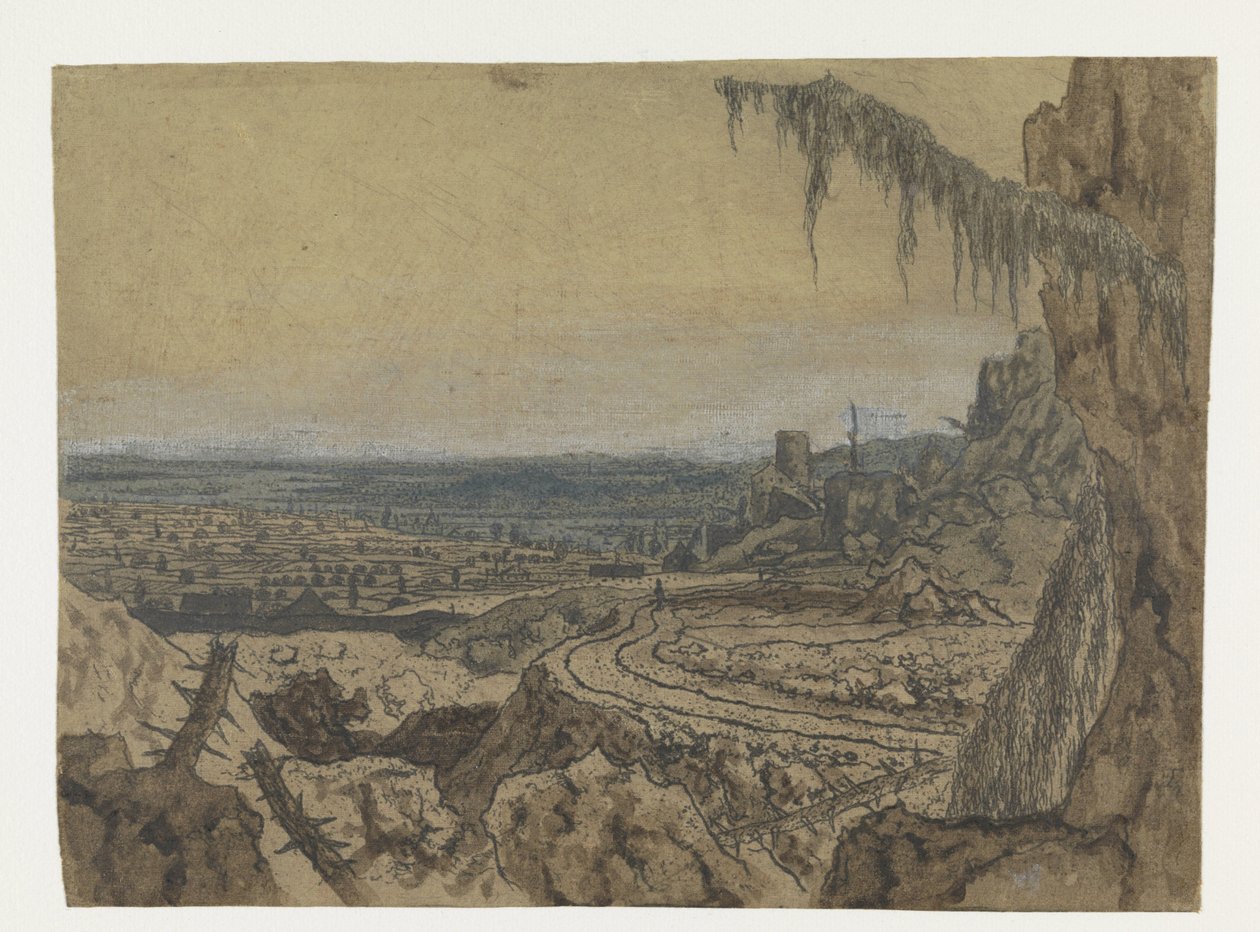 Verre uitzicht met een weg en mosachtige takken door Hercules Segers