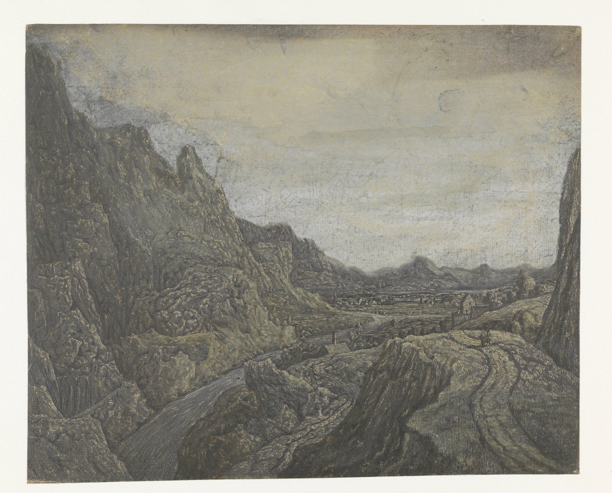 Rotsachtig landschap met een weg en een rivier door Hercules Segers