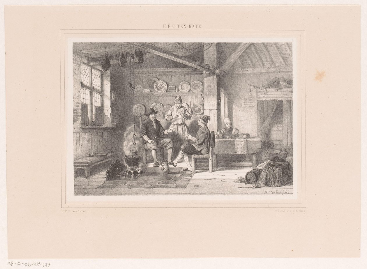 Interieur met drie mannen bij een haard door Herman Frederik Carel ten Kate