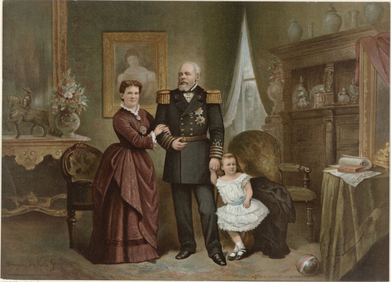 Portret van Willem III, koning der Nederlanden, Emma, koningin-regentes der Nederlanden, en Wilhelmina, koningin der Nederlanden door Herman Frederik Carel ten Kate