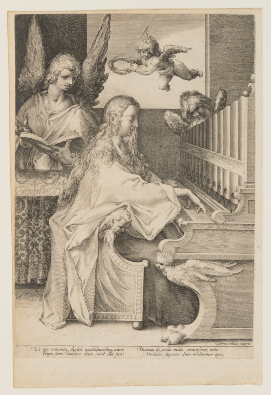 St. Cecilia op het orgel met twee engelen door Herman Jansz. Muller