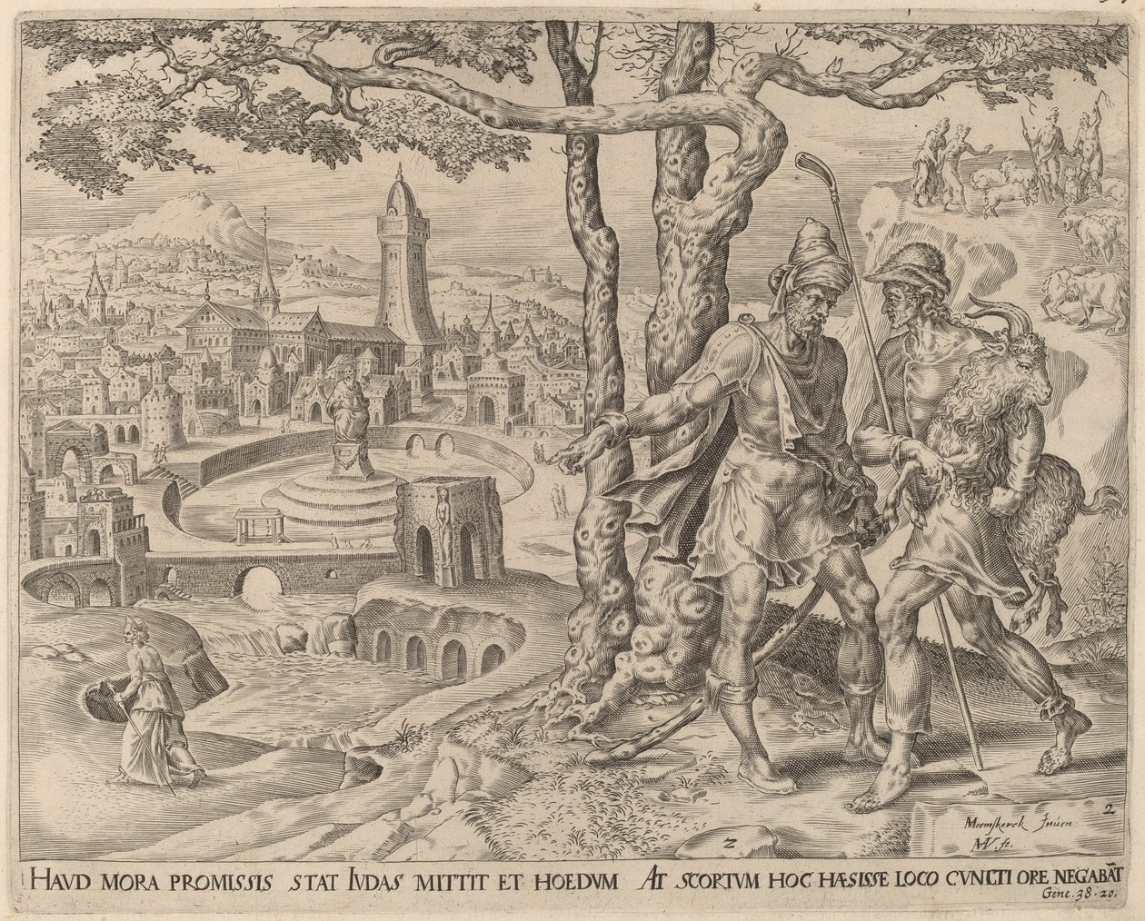Hirah de Adullamiet met het Bokje door Herman Jansz Muller after Maerten van Heemskerck