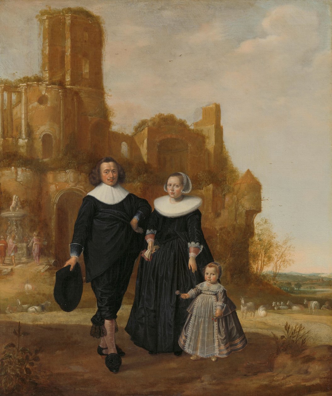 Portret van een echtpaar met hun kind in een landschap door Herman Meynderts Doncker