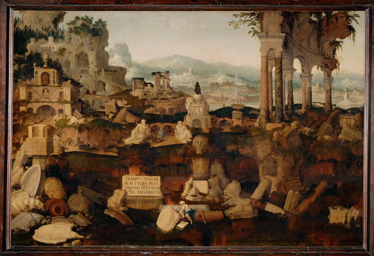 Landschap met antieke ruïnes ... (schilderij op doek) door Herman Posthumus
