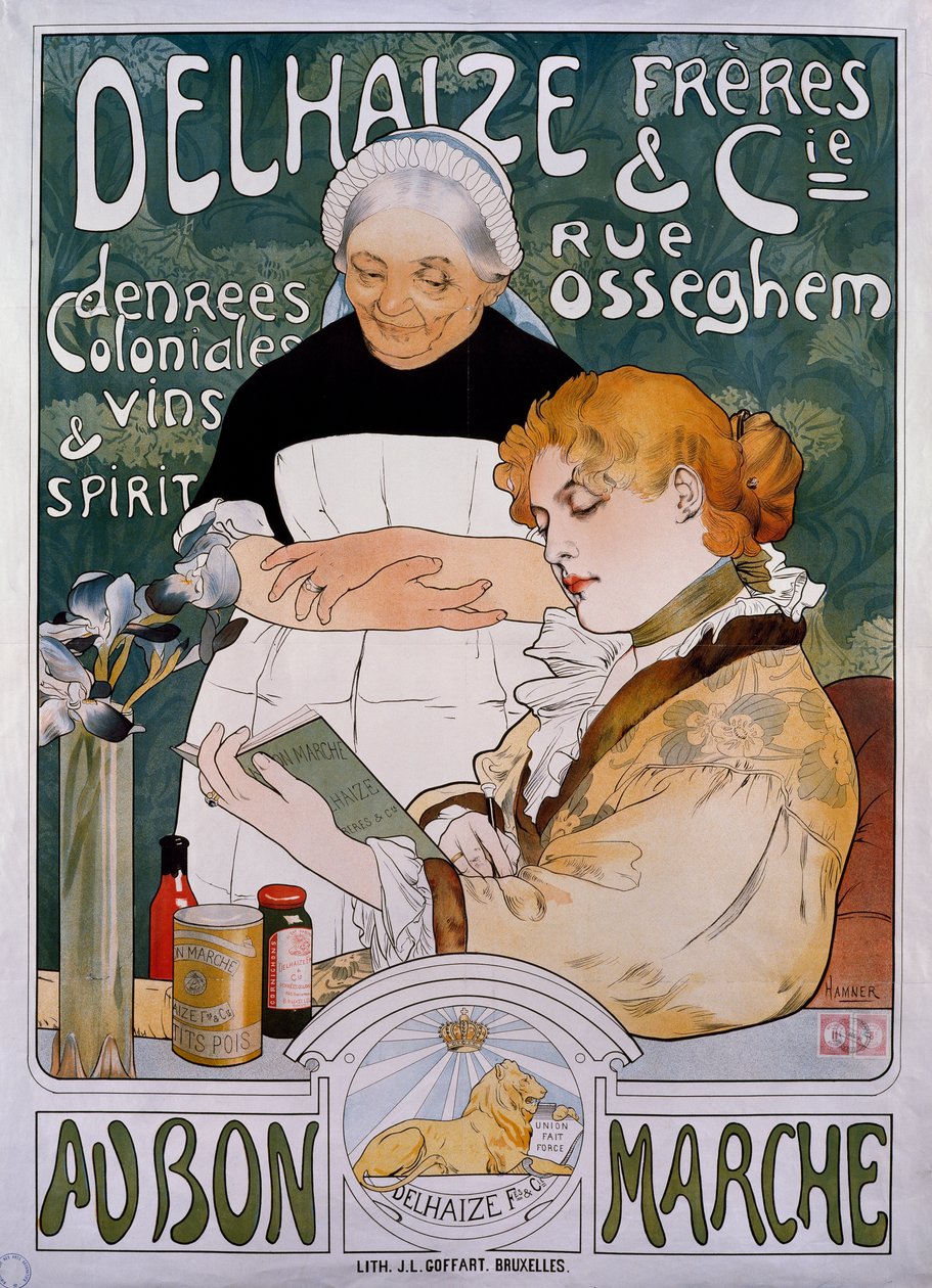 Dame en dienstmeid, poster voor bedrijf Delhaize Freres et Cie au bon marche door Herman Richir