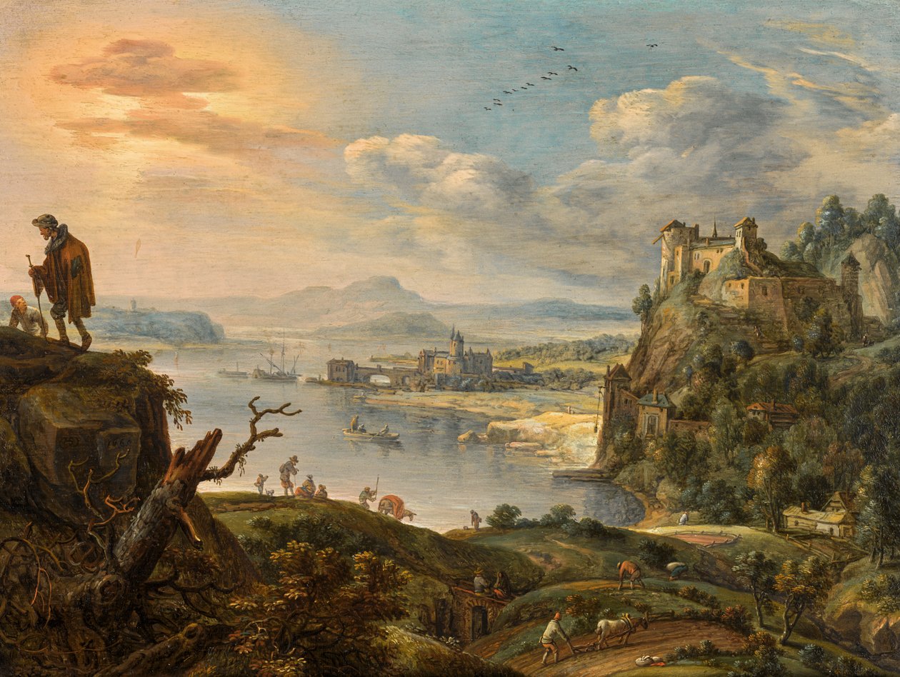 Een uitgestrekt berglandschap met uitzicht over een riviervallei door Herman Saftleven
