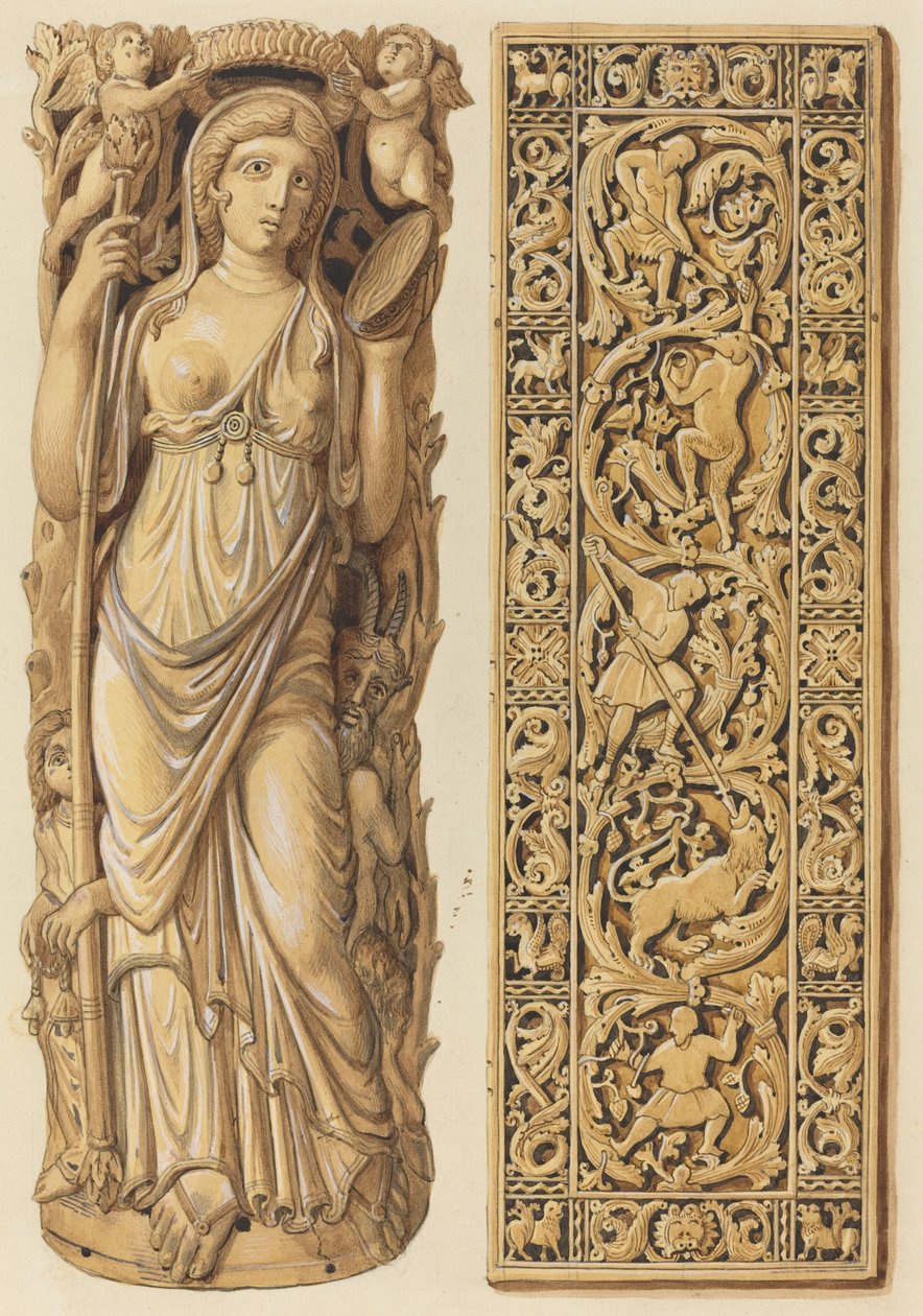 Weergaven van een Ivoren Beeld van Ariadne uit de 6e Eeuw en een Ivoren Plaque uit de 9e Eeuw door Herman Wilhelm Soltau