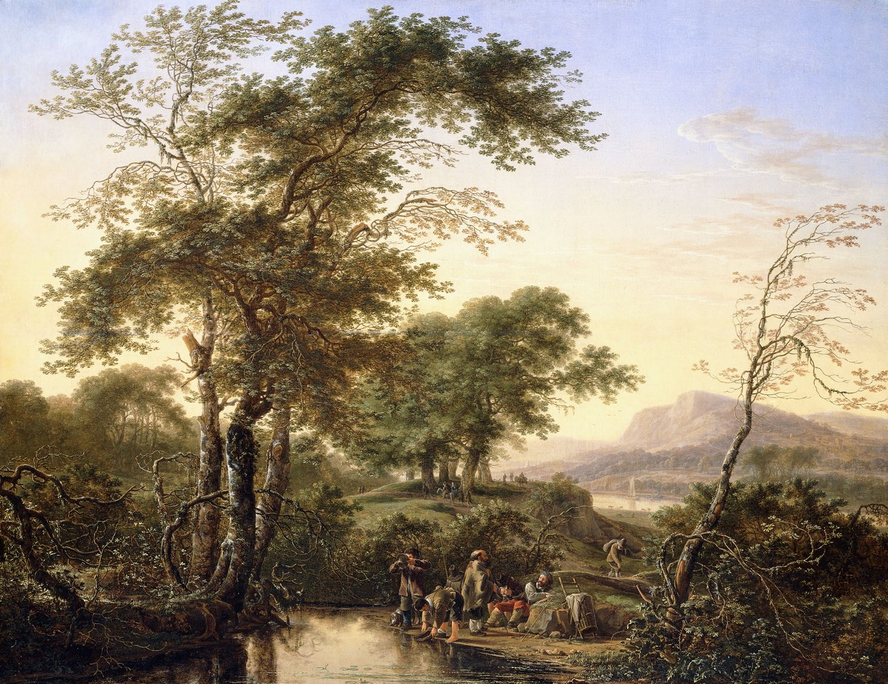 Een Uitgebreid Italiaans Rivierlandschap met Reizigers bij een Poel, 1646 door Herman the Younger Saftleven