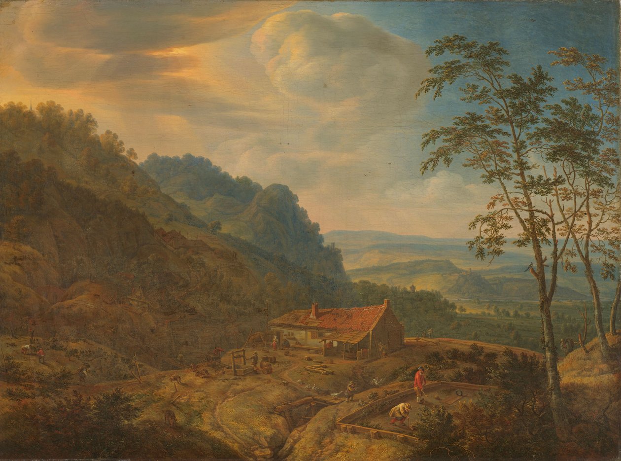 Bergachtig landschap met boerderij door Herman the Younger Saftleven