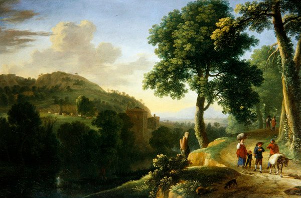 Een Italiaans Landschap met Reizigers en een Ezel, c.1640 door Herman van Swanevelt