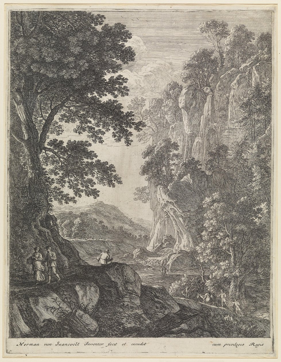 Berglandschap met waterval door Herman van Swanevelt