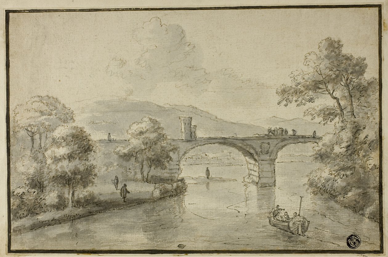 Rivier met Gebogen Brug en Boot door Herman van Swanevelt