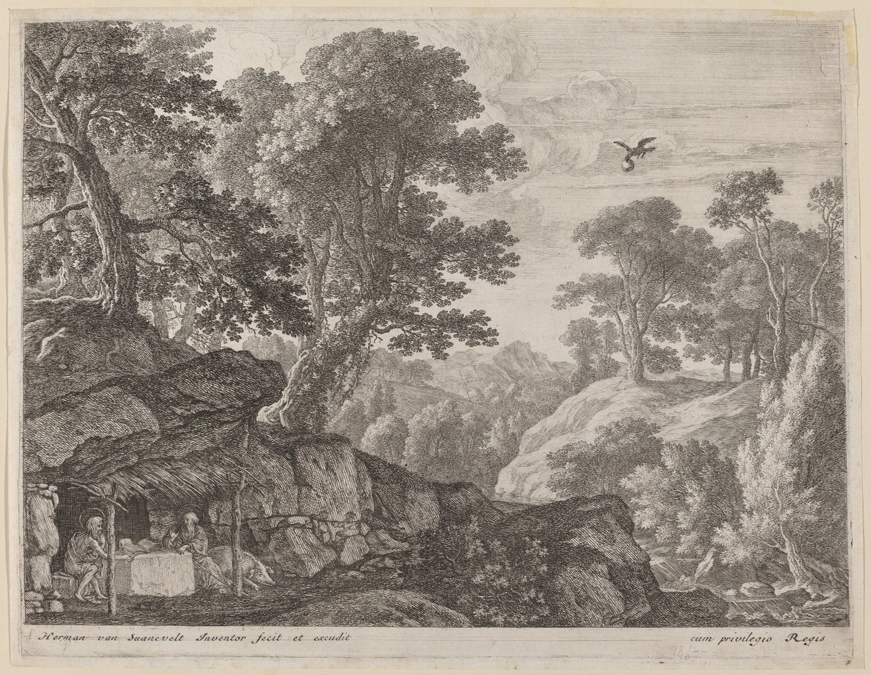 Sint Paulus en Sint Antonius bij de ingang van de grot door Herman van Swanevelt
