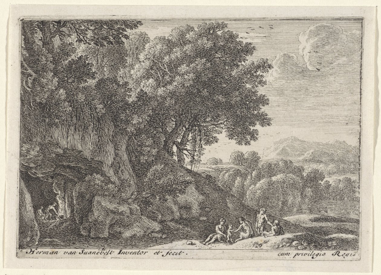 Saters rond het vuur in een grot Landschappen met saters (series title) door Herman van Swanevelt