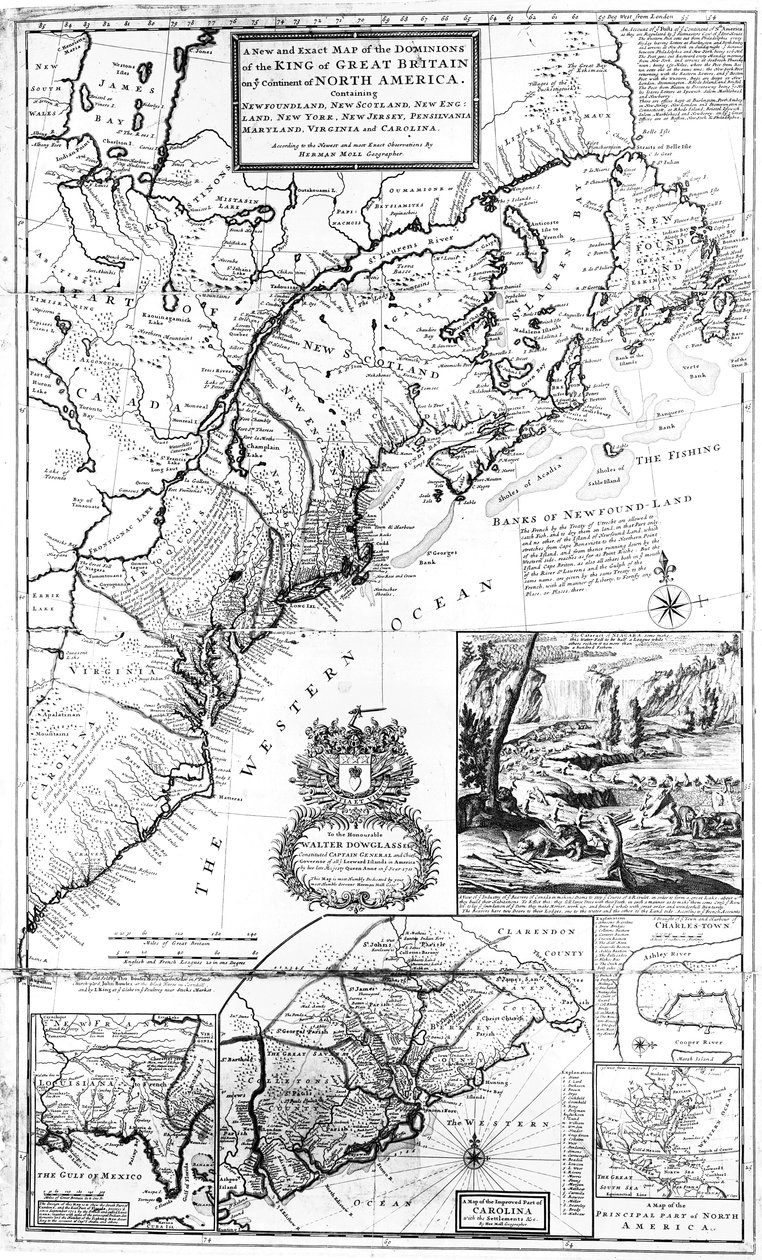 Kaart van de heerschappijen van Groot-Brittannië in Noord-Amerika, 1711 door Hermann Moll