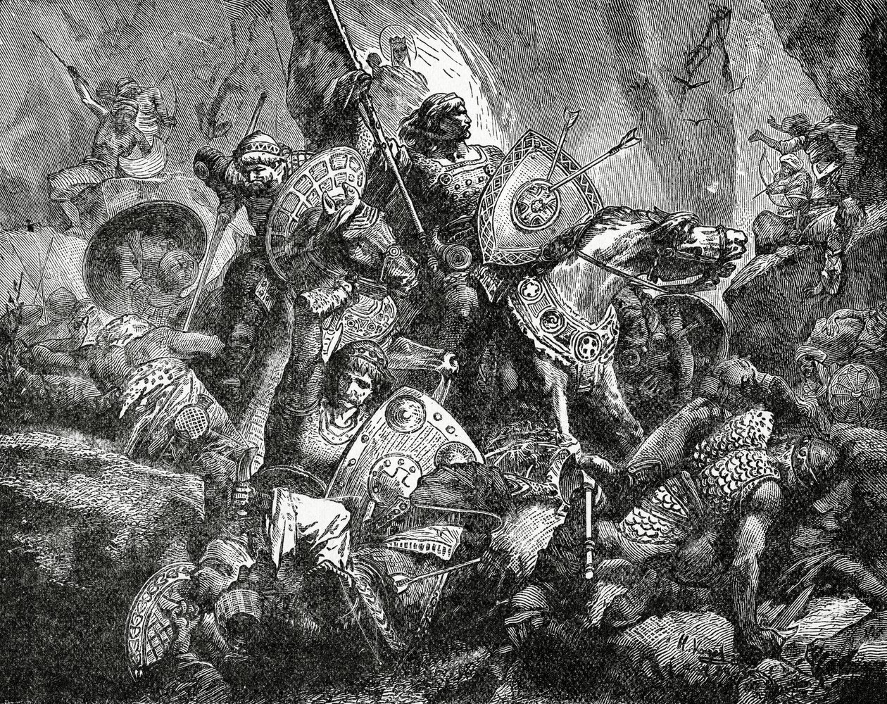 Slag in de pas van Ronceveaux op 15 augustus, 778, ca. 1890 door Hermann Vogel
