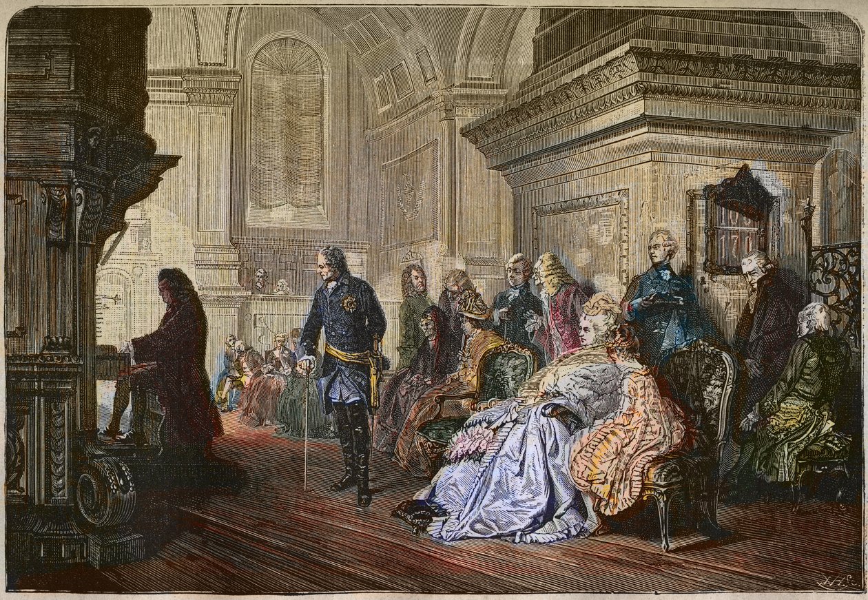 De Koning van Pruisen Frederik II de Grote (1712-1786) luistert naar de componist Johann Sebastian Bach die een hof speelt, gravure naar een schilderij van Kaulbach - Frederik II de Grote, Koning van Pruisen, luisterend naar Johann Sebastian Bach aan het o door Hermann Kaulbach