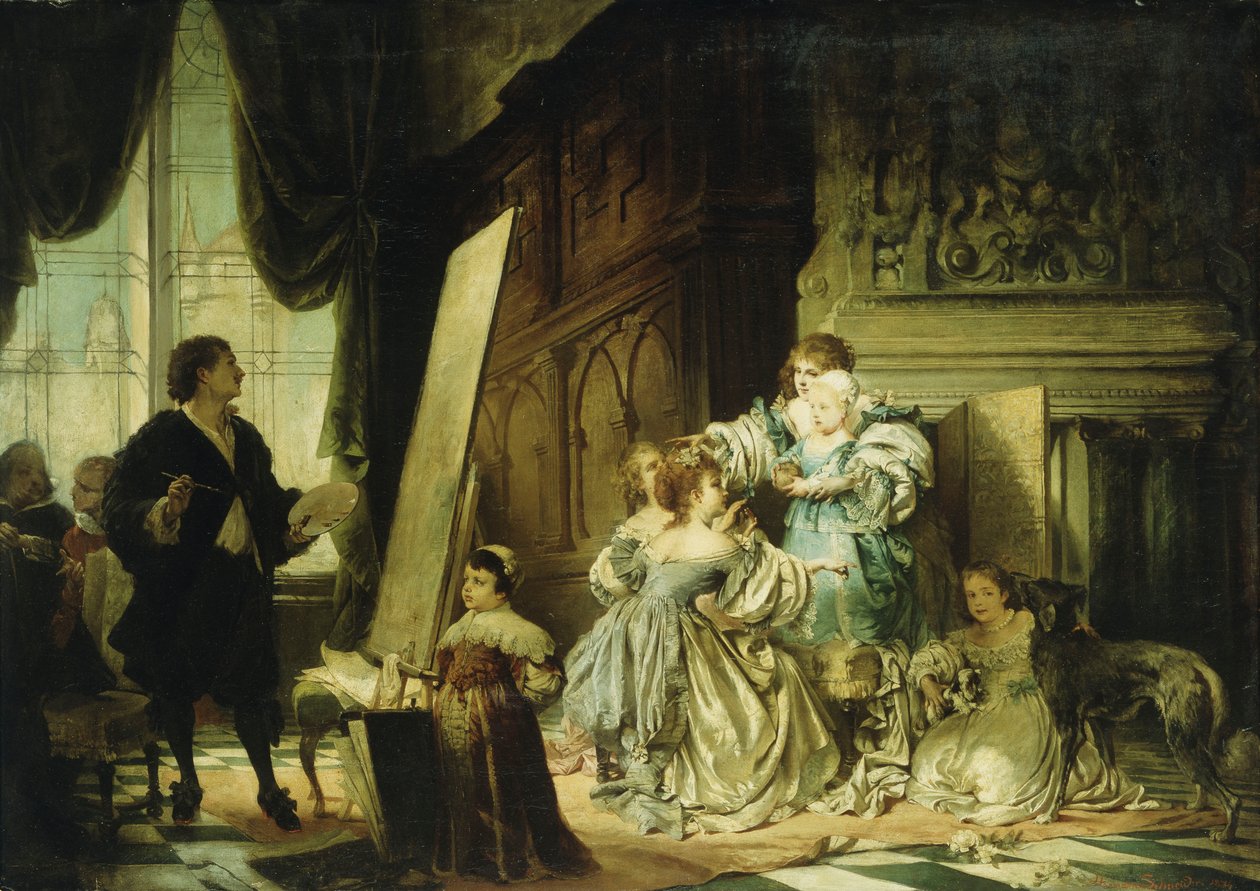 Van Dyck in zijn studio schildert een portret van Charles, prins van Wales, zoon van Charles I, 1876 door Hermann Schneider
