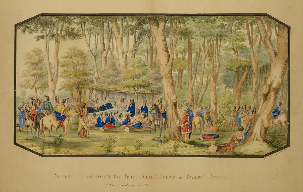 Sa-tan-ti richt zich tot de vredescommissarissen in Council Grove, Medicine Lodge Creek door Hermann Stieffel