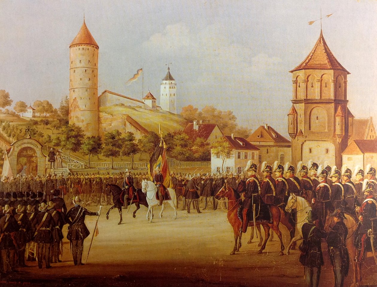 Hermann Volz Parade van de Biberachse militie bij de Riedlinger Tor in 1849 door Hermann Volz