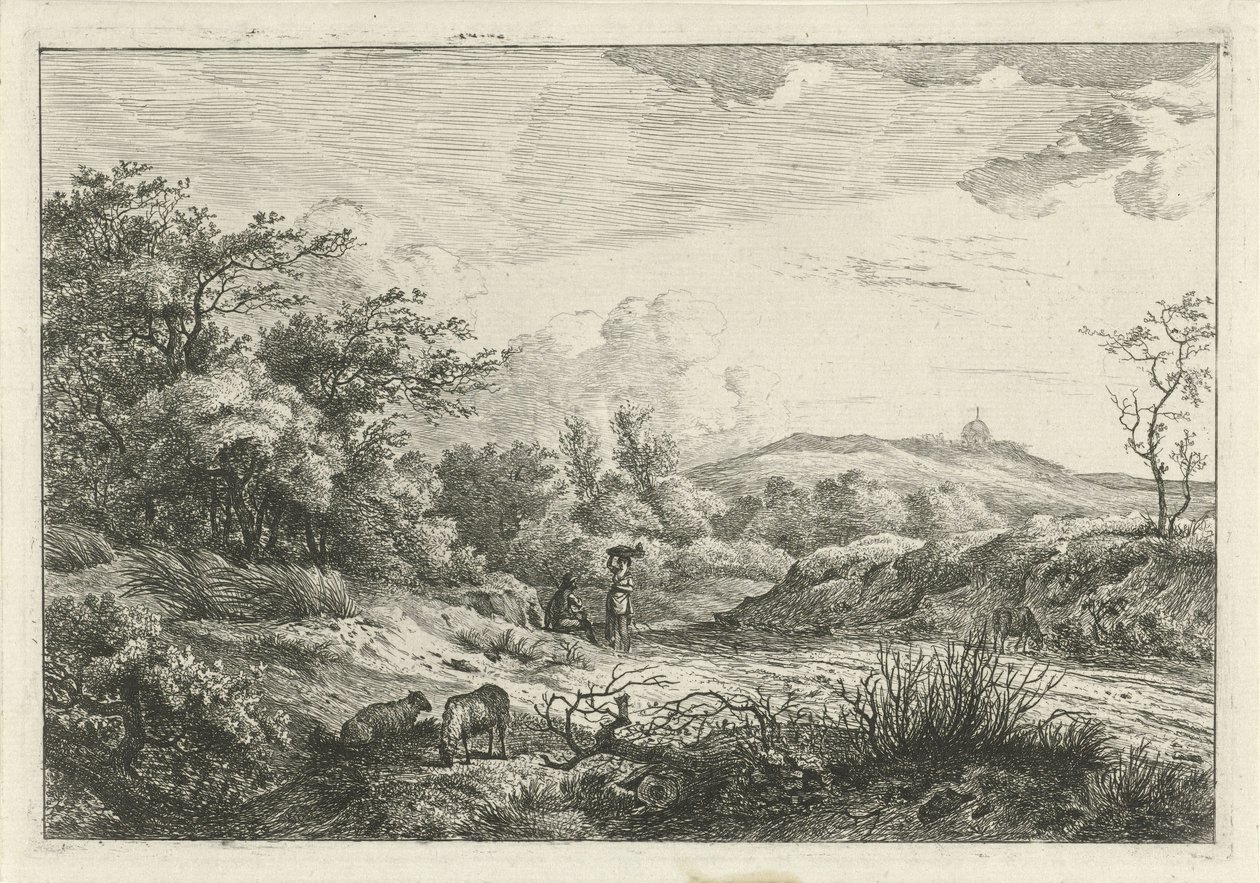 Landschap met herder en vrouw door Hermanus Fock
