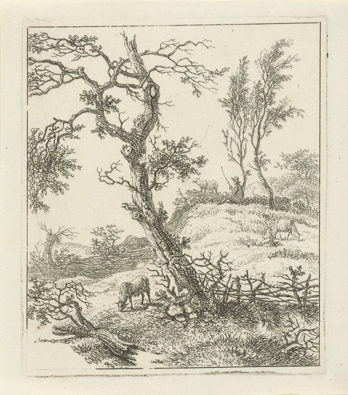 Landschap met schaapsherder op heuvel door Hermanus Fock