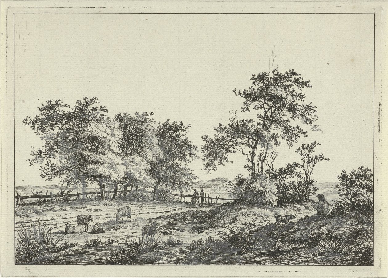 Landschap met tekenaar en hond door Hermanus Fock