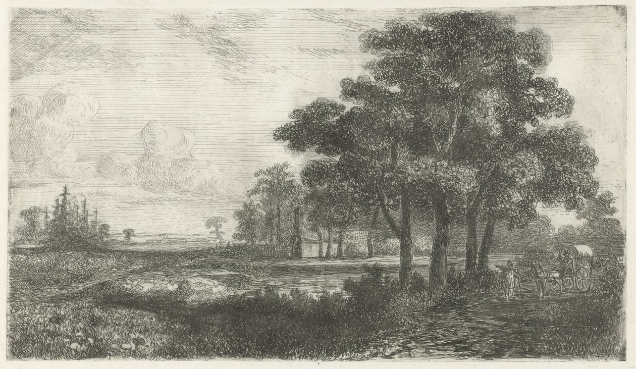 Boomrijk landschap met huifkar door Hermanus Jan Hendrik van Rijkelijkhuysen