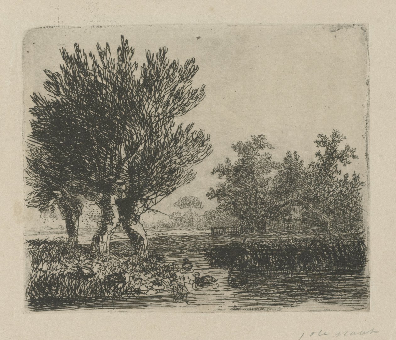 Drie knotwilgen aan een waterkant door Hermanus Jan Hendrik van Rijkelijkhuysen