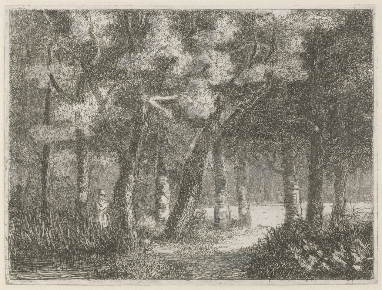 Jager en zijn hond in het bos door Hermanus Jan Hendrik van Rijkelijkhuysen