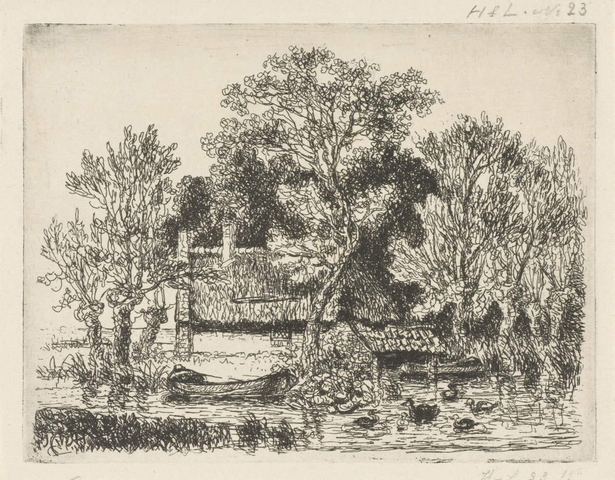 Riviergezicht met een schuit en eenden door Hermanus Jan Hendrik van Rijkelijkhuysen