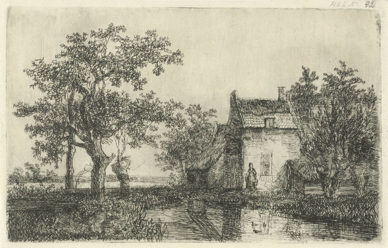 Vrouw met een mand voor een boerenhuis aan het water door Hermanus Jan Hendrik van Rijkelijkhuysen