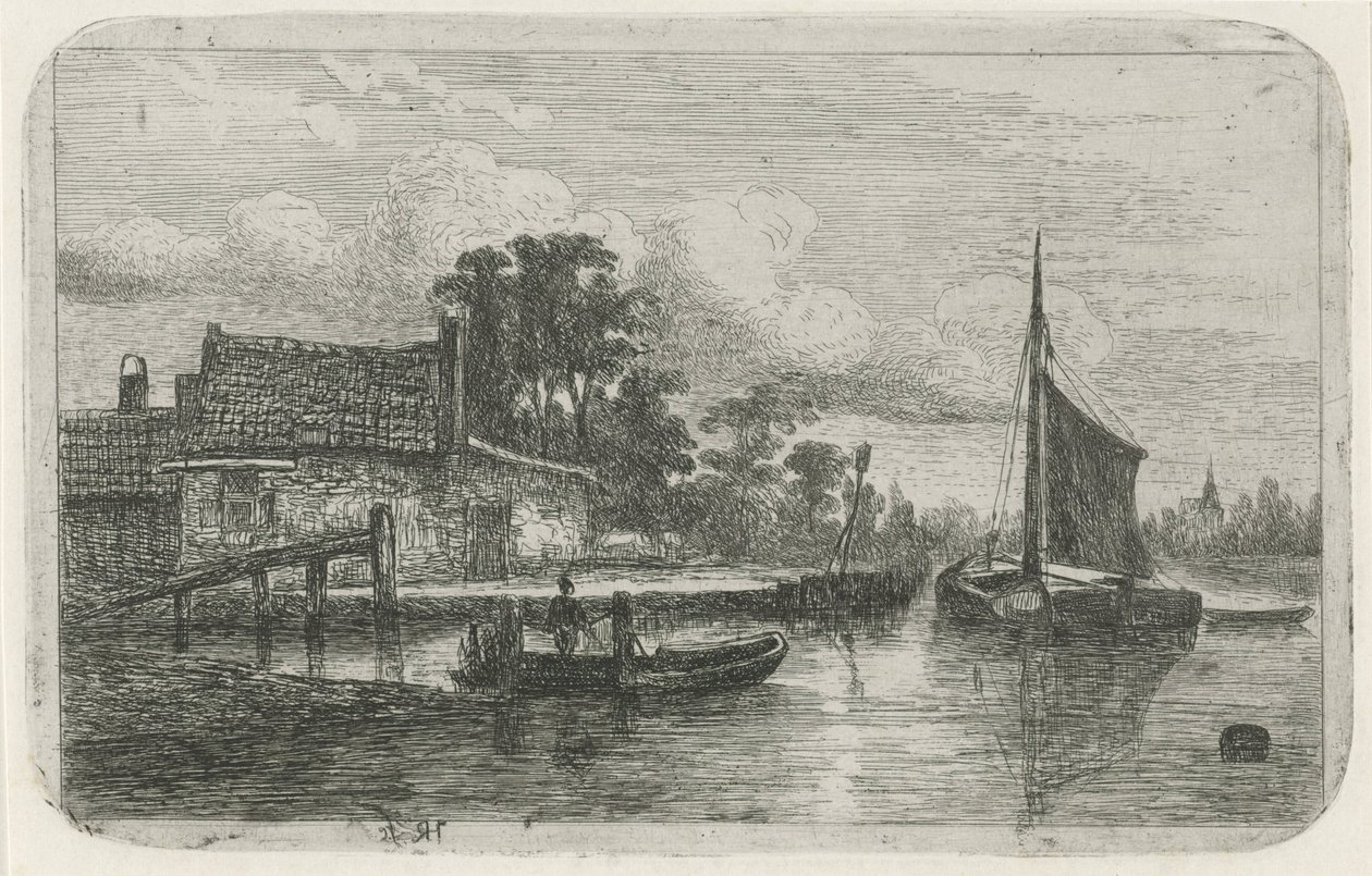Zeilschip aan de waterkant door Hermanus Jan Hendrik van Rijkelijkhuysen