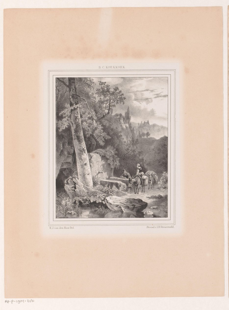 Landschap met man, vrouw en twee ezels bij een bron door Hermanus Johannes van den Hout