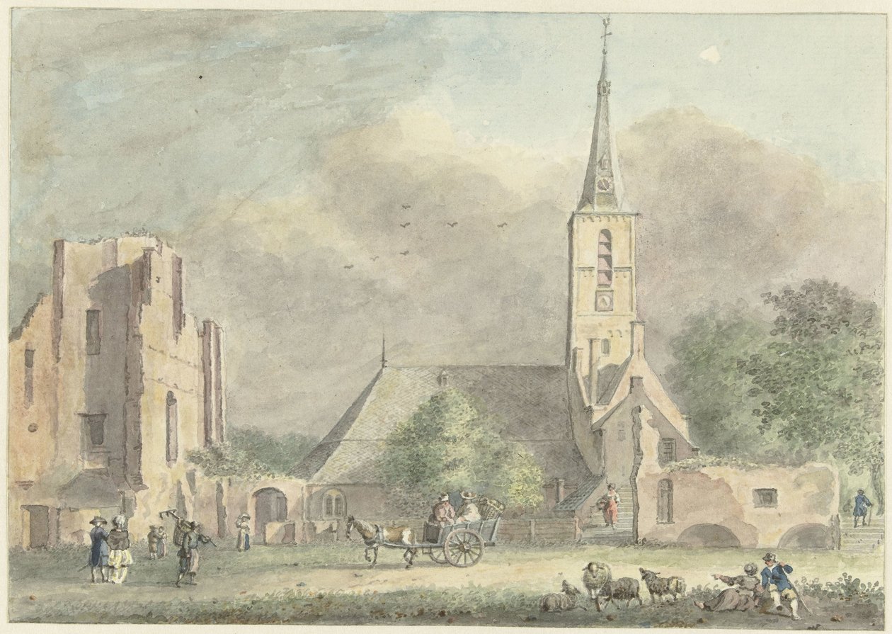 Kerk en ruïne van de abdij te Rijnsburg door Hermanus Petrus Schouten