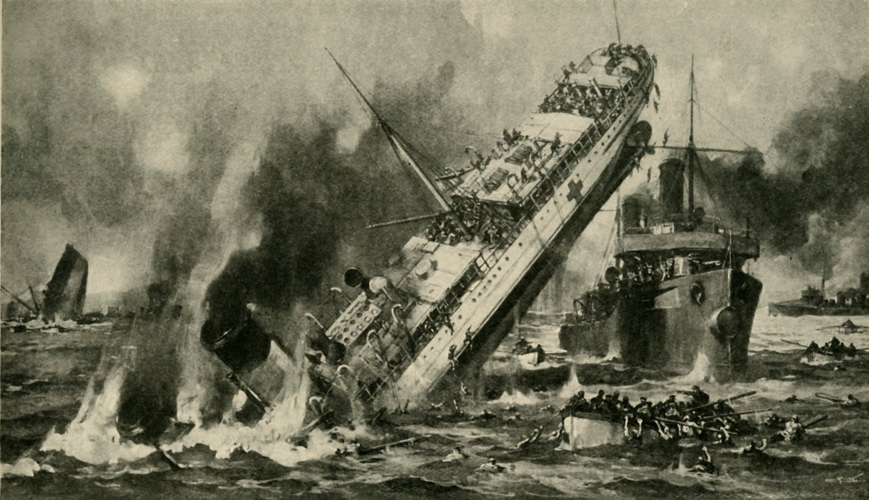 Het zinken van de Anglia, Eerste Wereldoorlog, 17 november 1915, c1920 door Hermanus Willem Koekkoek