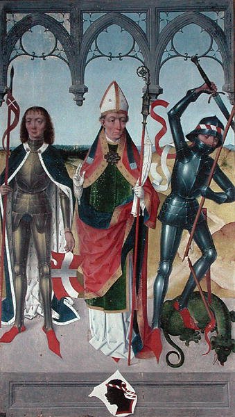 St. George, St. Nicolaas en St. Victor van Marseille, van het Hoofdaltaar van de St. Nicolaaskerk, 1481 (detail) door Hermen Rode