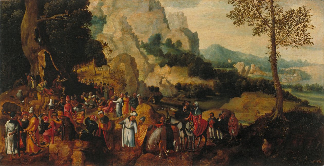 Landschap met de predikende Johannes de Doper door Herri met de Bles