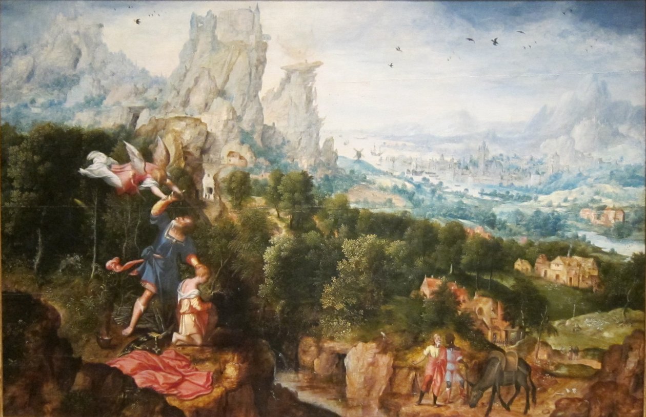 Wanneer Abraham zijn hand opheft om Izaäk te doden, houdt een engel Abrahams hand tegen (Genesis 22:10) door Herri met de Bles