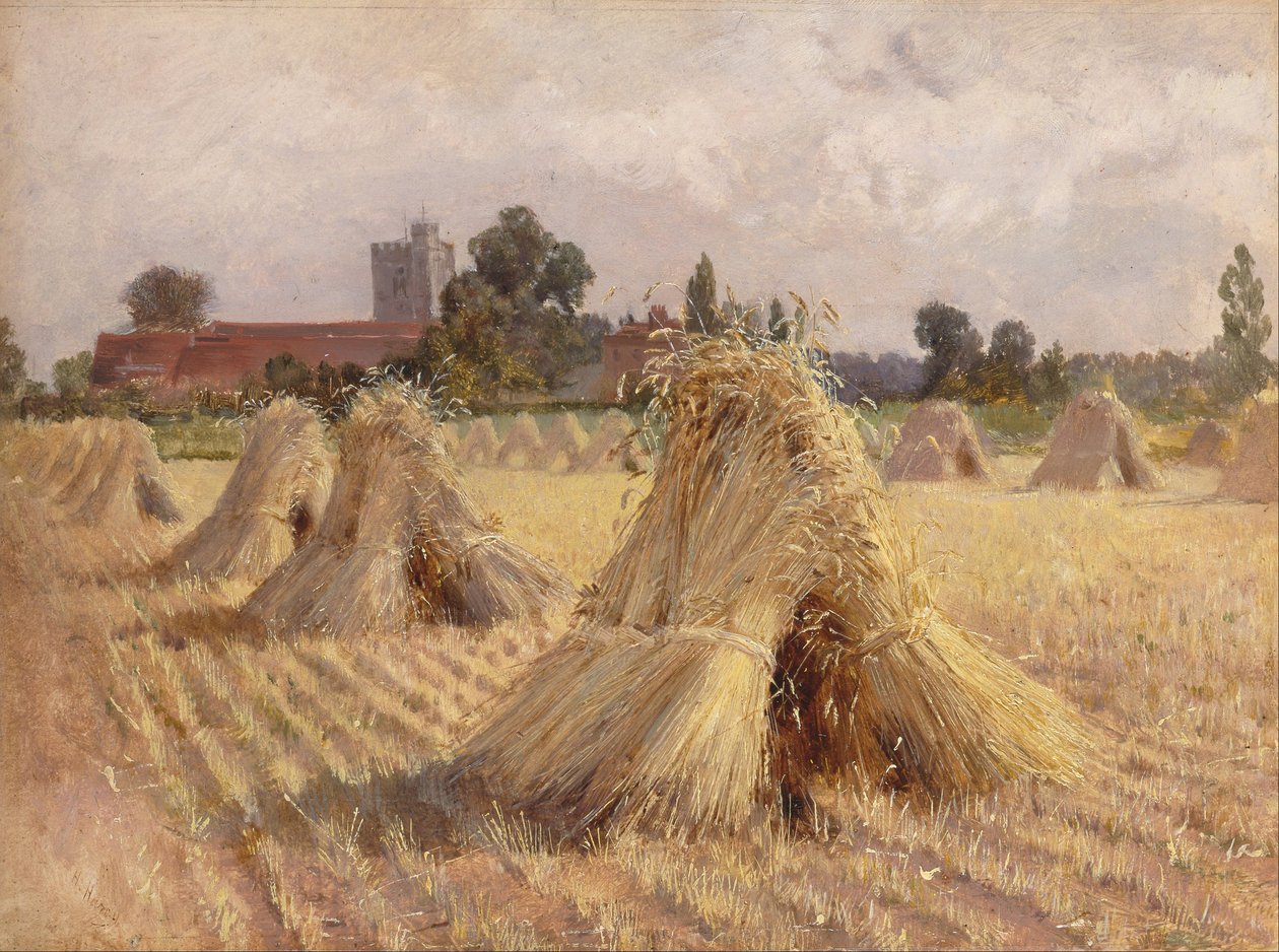 Korenstokken bij de kerk van Bray door Heywood Hardy