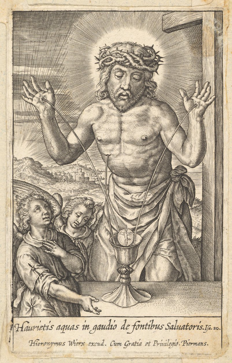 Het bloed van de Verlosser vereerd door twee engelen, voor 1619 door Hieronymous Wierix
