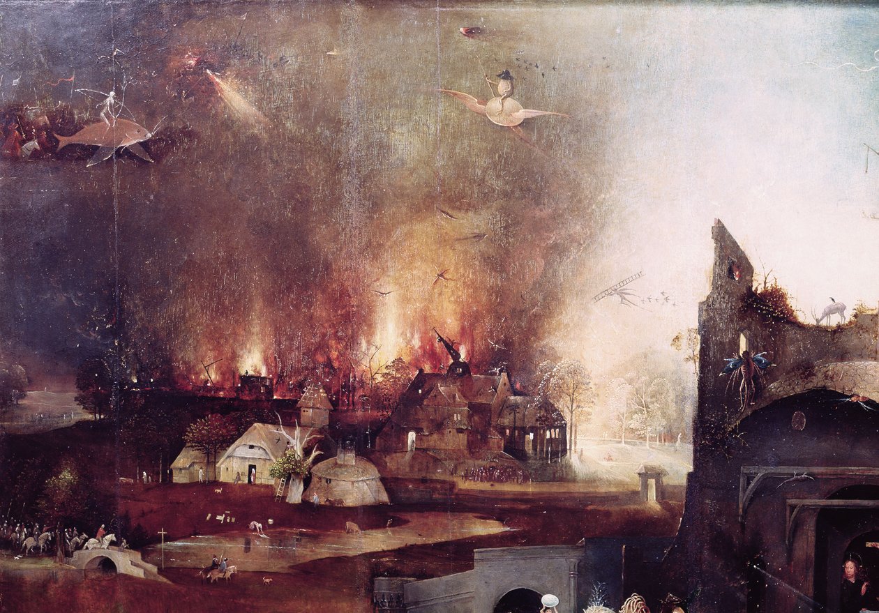 (detail) van het dorp in brand, van het centrale paneel van de Verzoeking van St. Antonius door Hieronymus Bosch