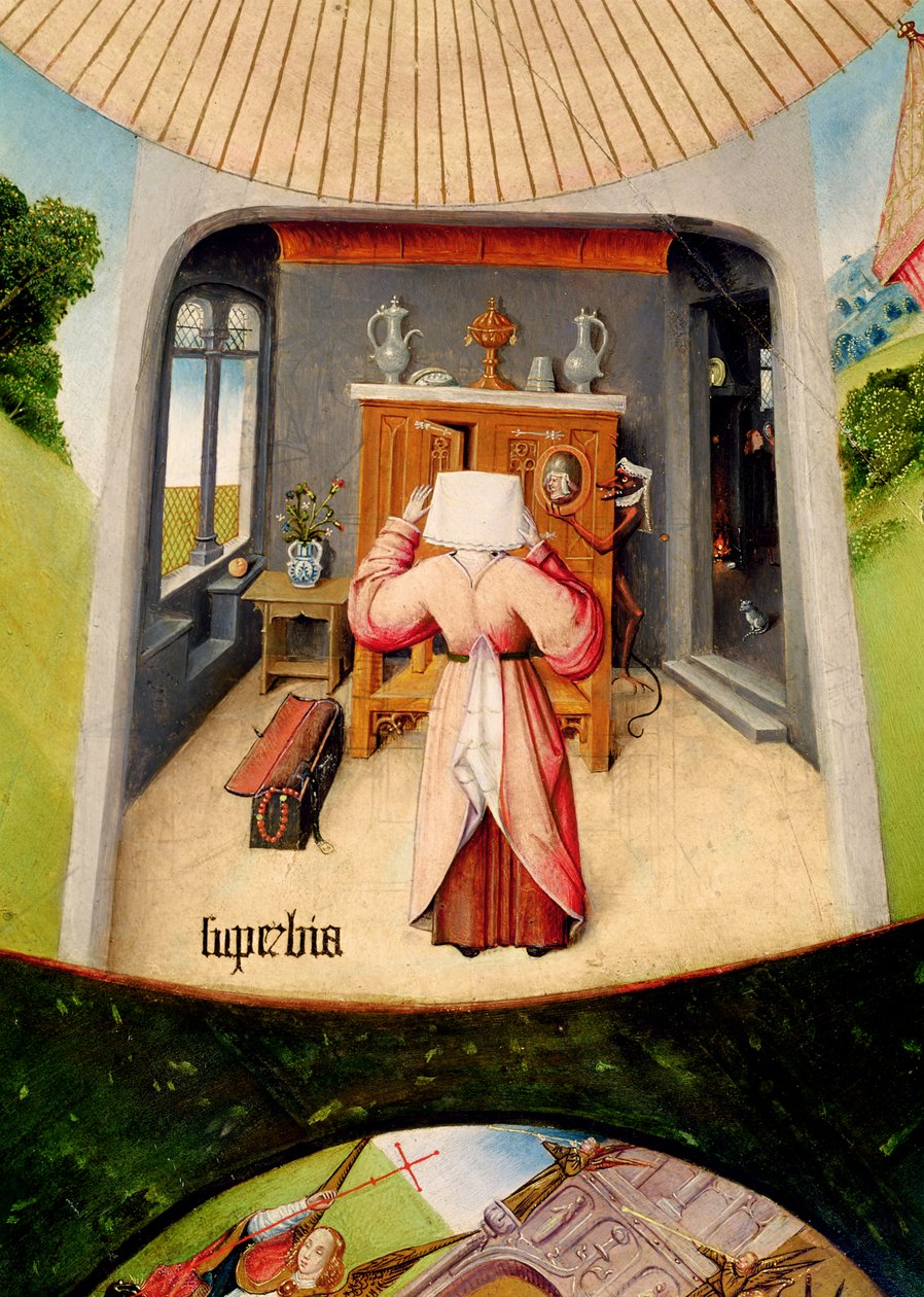 Hoogmoed, detail van de Tafel van de Zeven Hoofdzonden en de Vier Laatste Dingen, ca. 1480 door Hieronymus Bosch