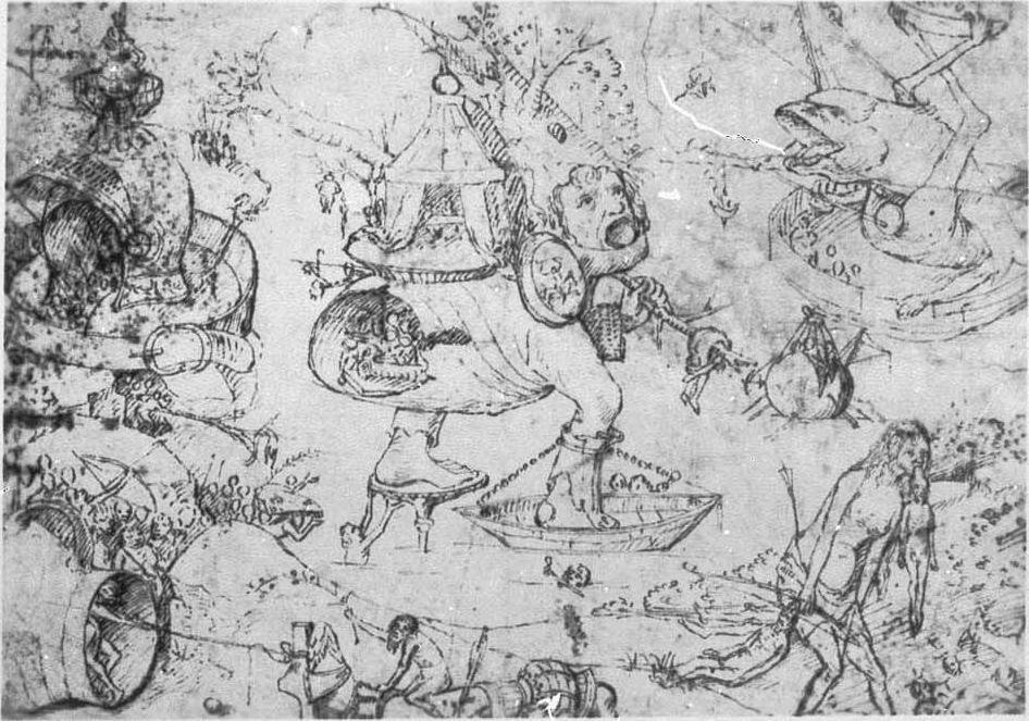 Scène uit de hel met parafrase uit de Tuin der Lusten door Hieronymus Bosch