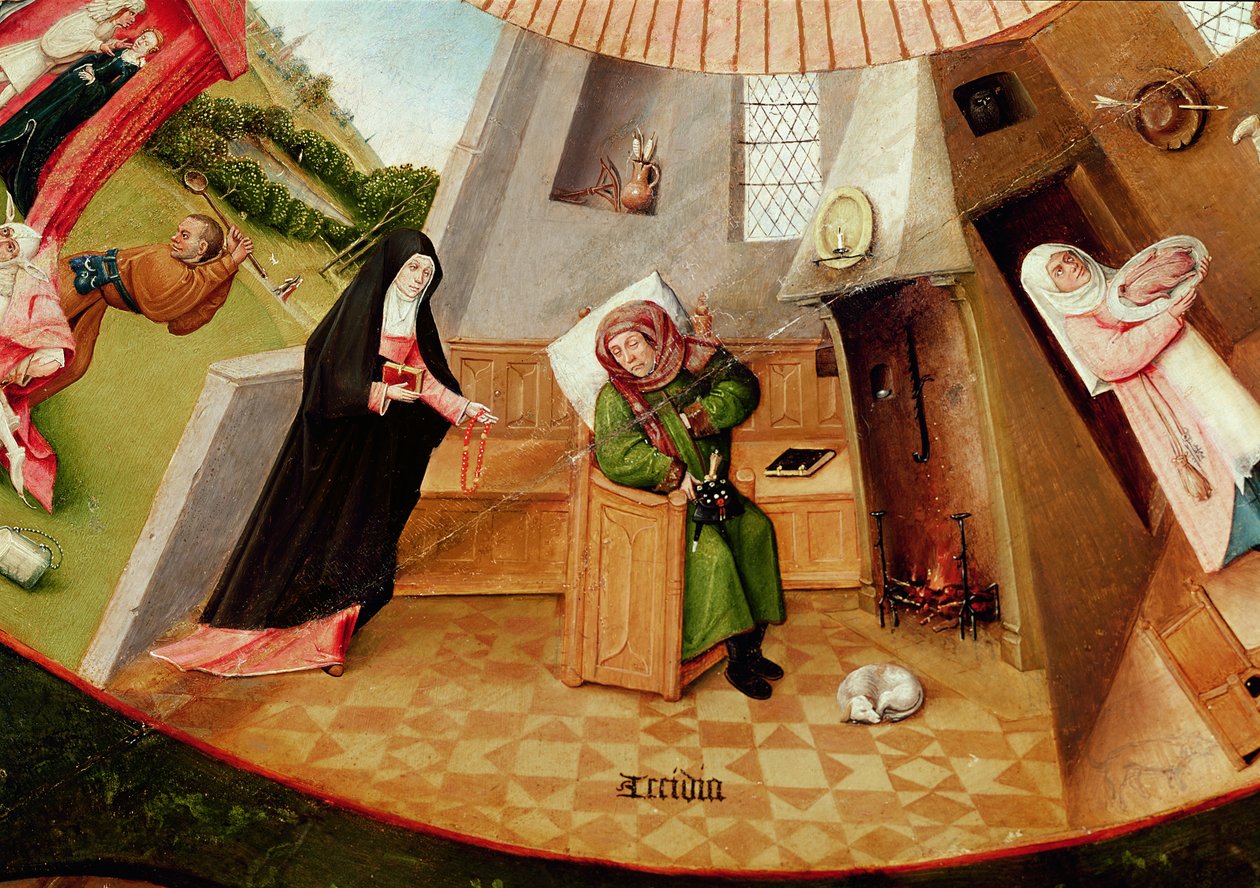Luiheid, detail van de Tafel van de Zeven Hoofdzonden en de Vier Laatste Dingen, ca. 1480 door Hieronymus Bosch